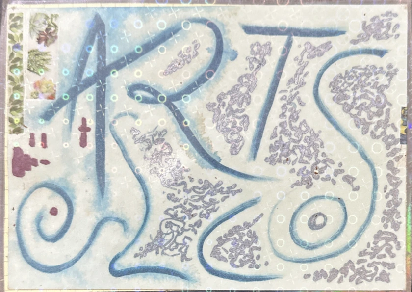 Artshole, a blue handwritten card artwork