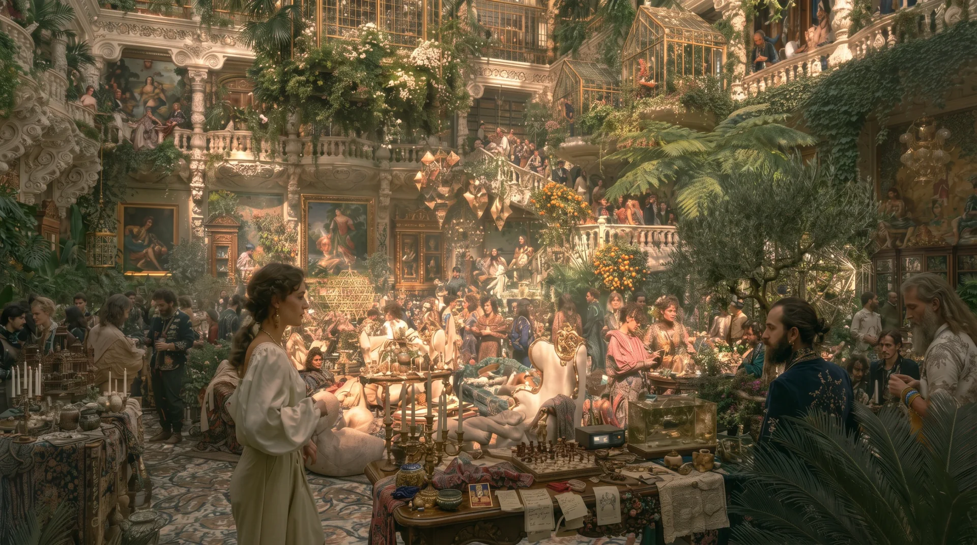 A creative gathering in an ornate indoor garden