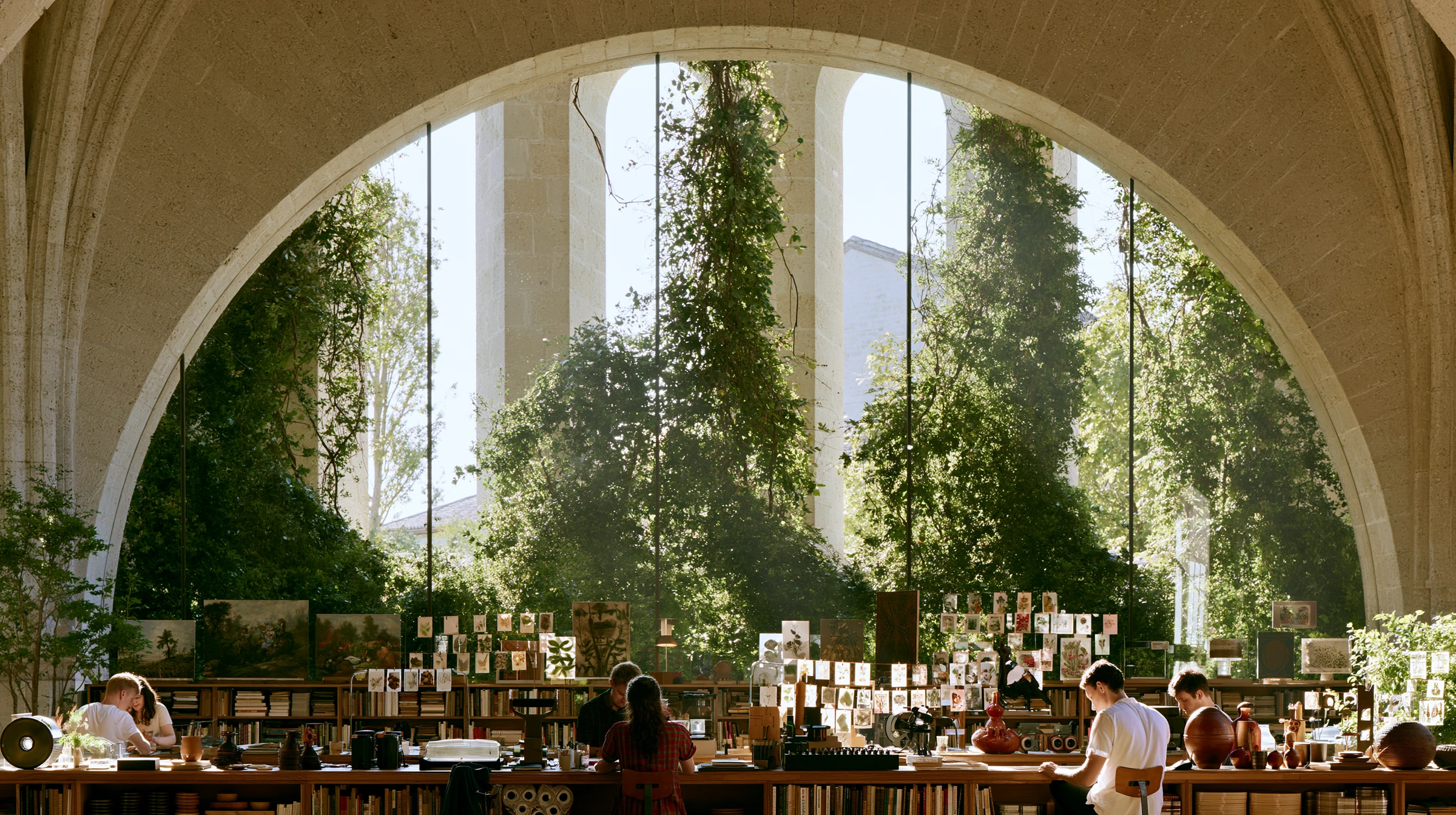 A cultural workshop beneath a monumental planted arch