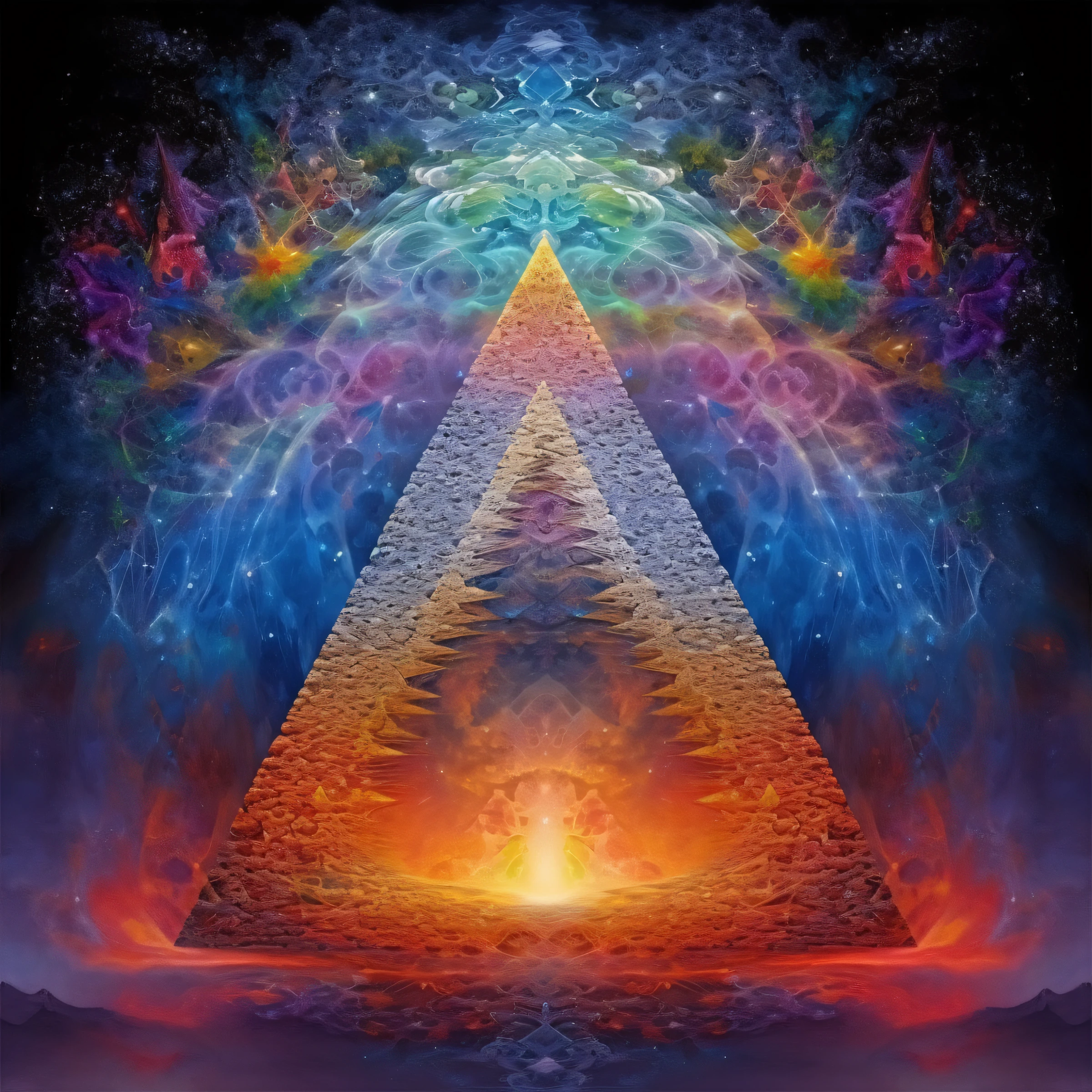 A luminous pyramid opening into layered celestial forms