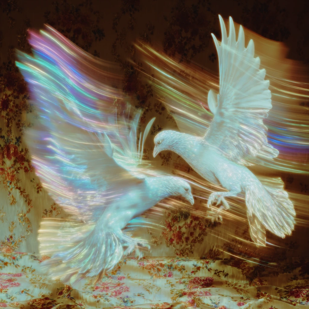 Two luminous birds crossing in iridescent light