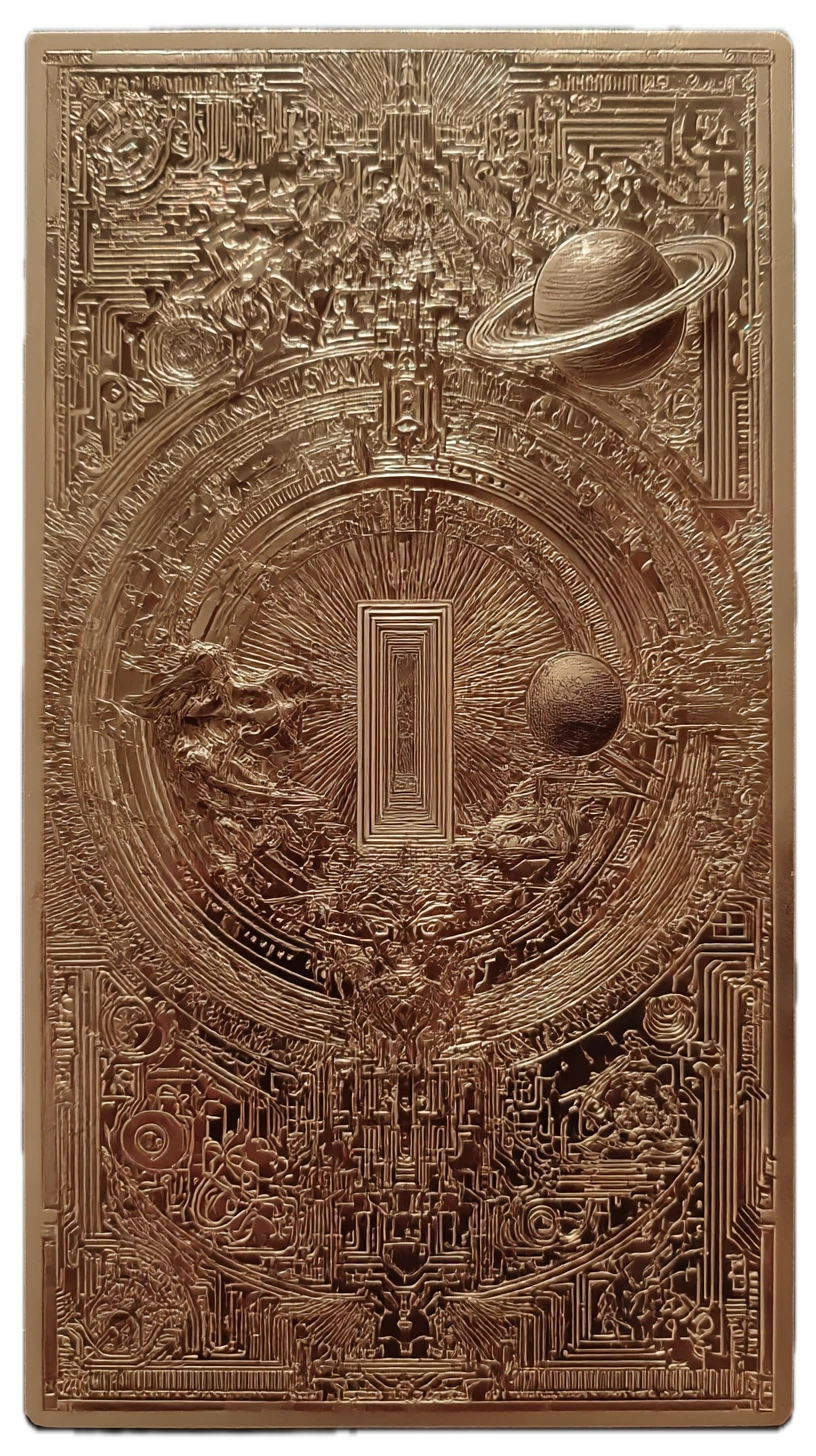 Gold oracle card with a celestial doorway, stars and orbiting planets