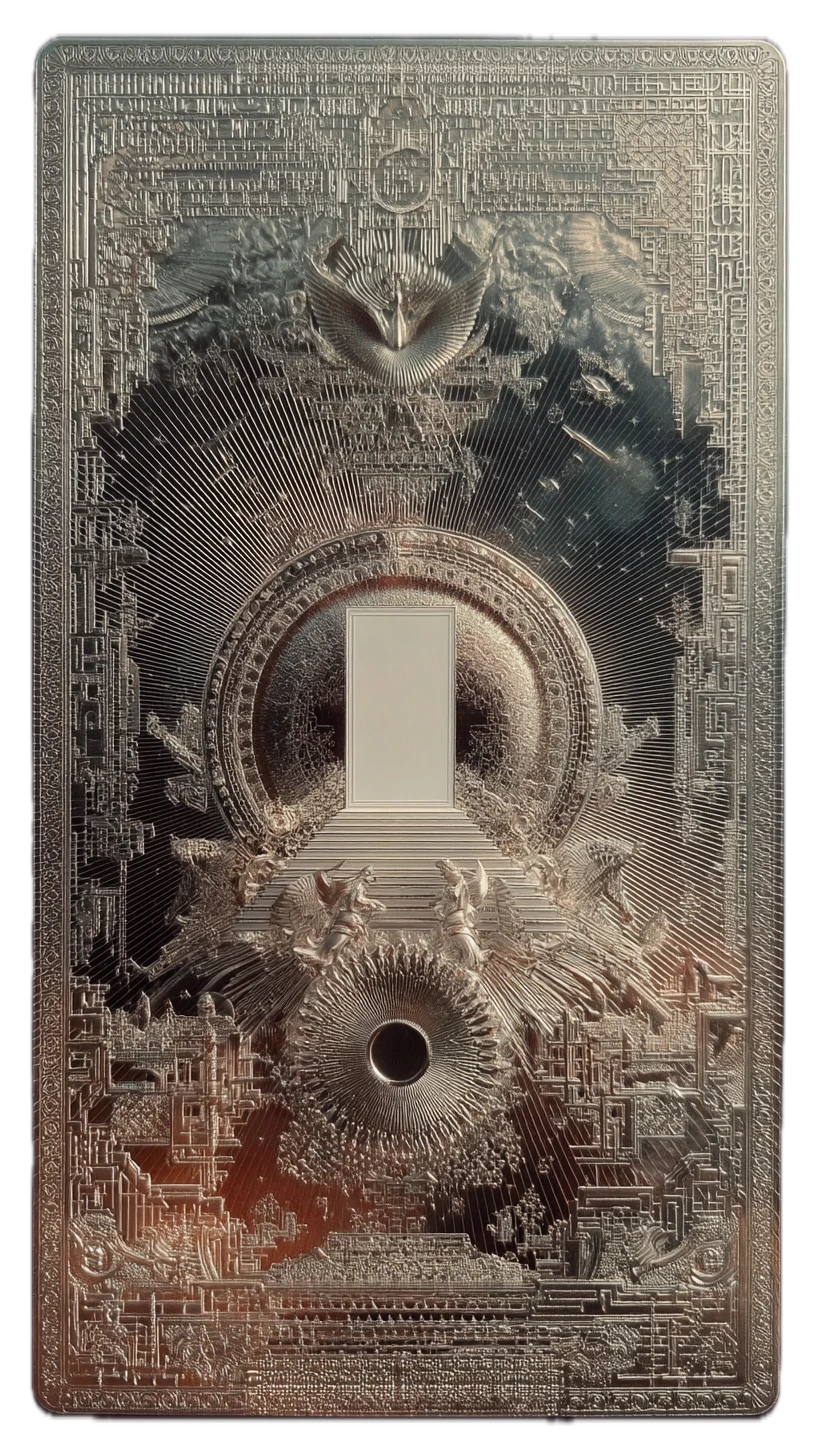 Silver oracle card with a luminous doorway and radiating architectural patterns