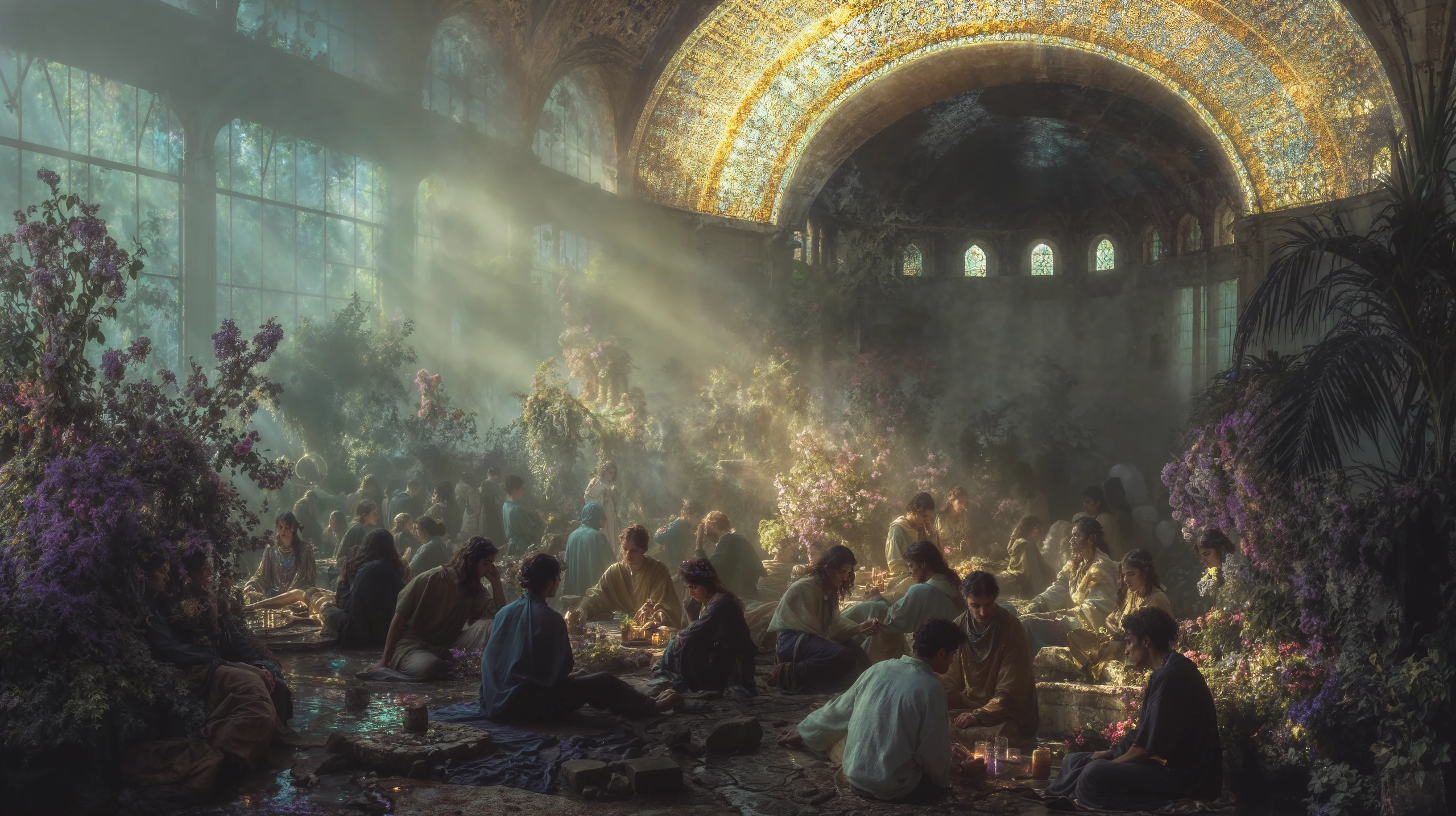 People gathering beneath a luminous arch in a reclaimed hall