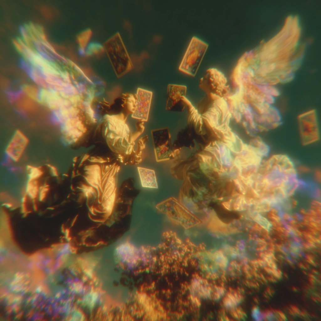 Angelic figures exchanging floating tarot cards