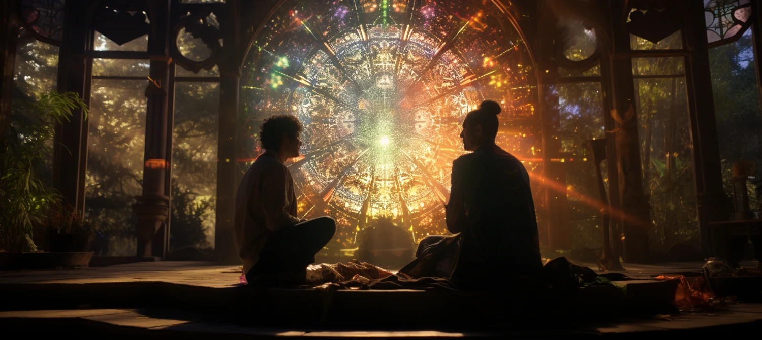 Concept image of two people facing an illuminated circular window