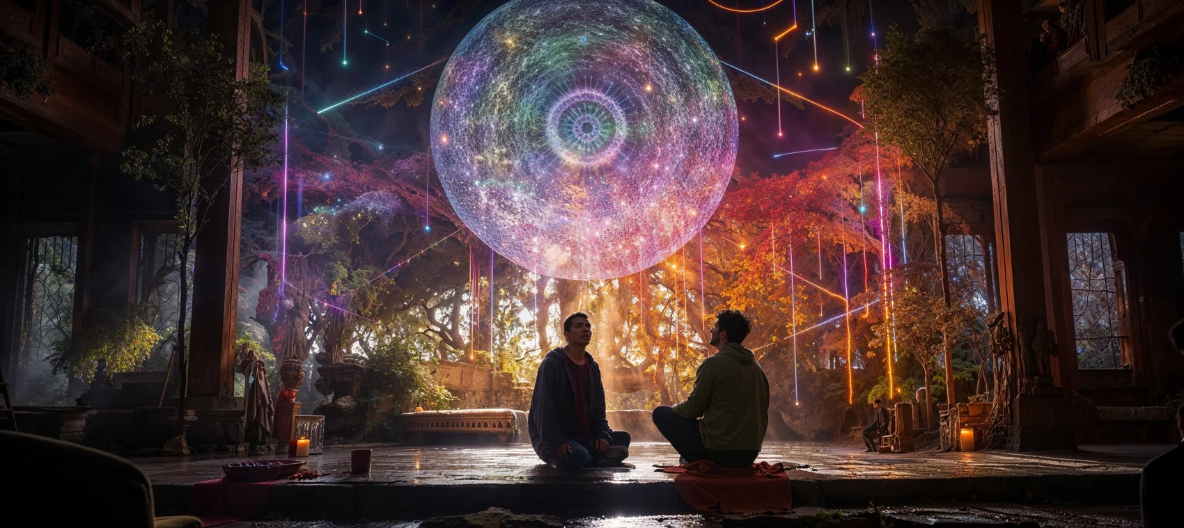 Two people beneath a luminous spherical installation in a reclaimed hall