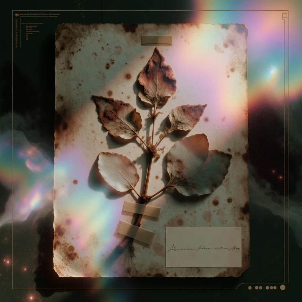 Pressed botanical study with iridescent light