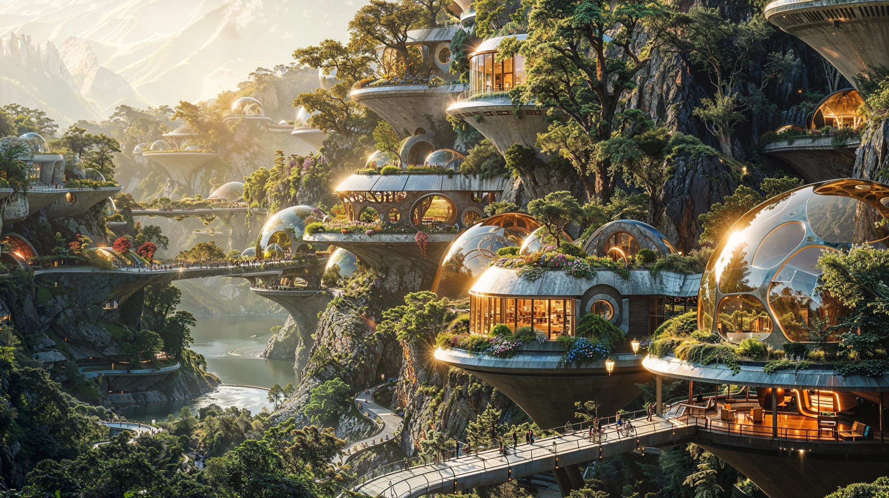 Sunlit regenerative city built into forested cliffs